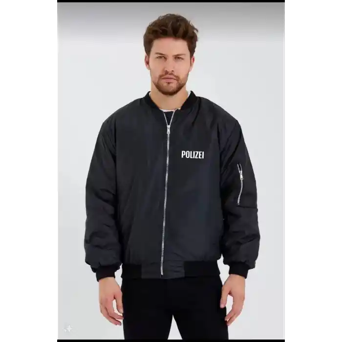 Erkek Siyah Bomber Mont – POLIZEI Yazılı, Fermuarlı Cepli, Kapitone Astarlı, Su İtici Kumaş Şık Günlük Ceket- Siyah