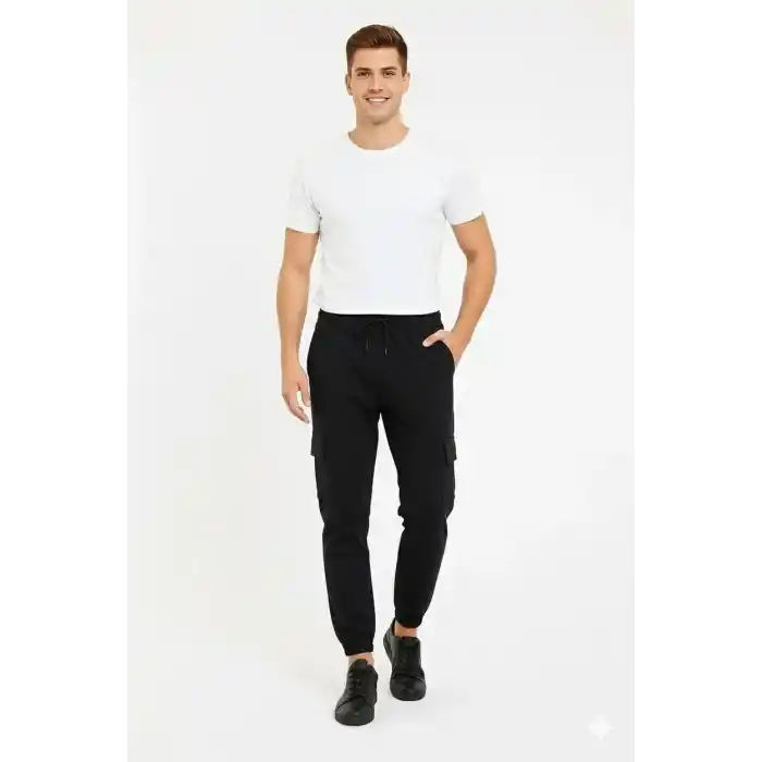 Erkek Siyah Jogger Eşofman Altı Rahat Kalıp, Kargo Cepli, Lastikli Paça, Günlük Spor Pantolon - Siyah