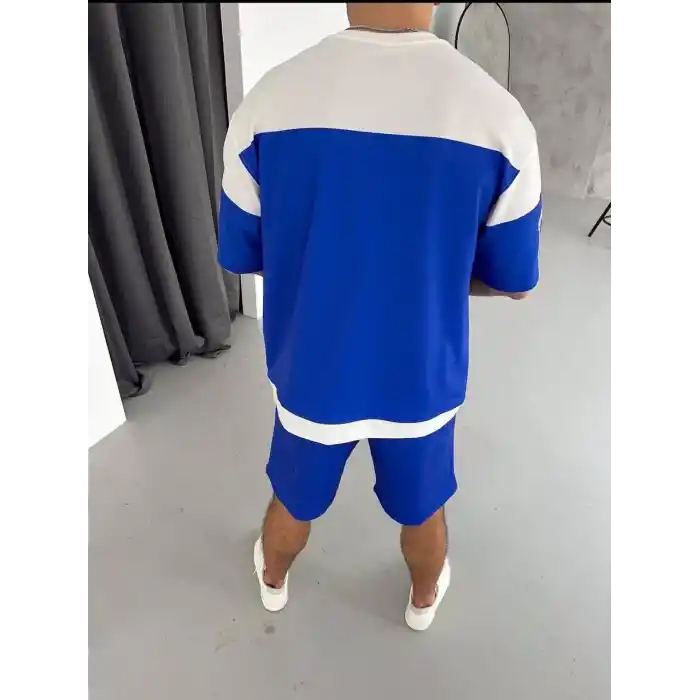 Erkek Şortlu Takım – Oversize İki İplik Kumaş, Ön & Arka Dijital Baskılı Tişört ve Lastikli Cepli Şort, Yazlık Günlük Spor Set - Mavi