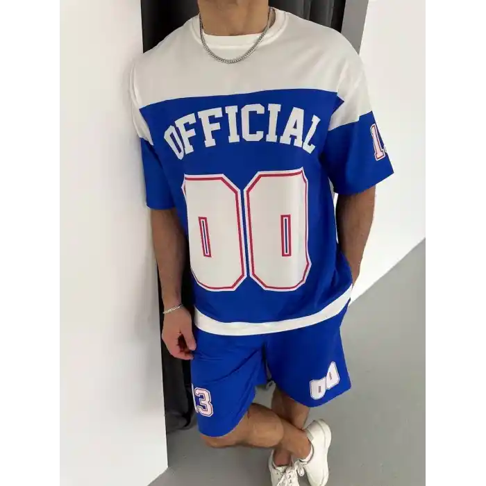 Erkek Şortlu Takım – Oversize İki İplik Kumaş, Ön & Arka Dijital Baskılı Tişört ve Lastikli Cepli Şort, Yazlık Günlük Spor Set - Mavi