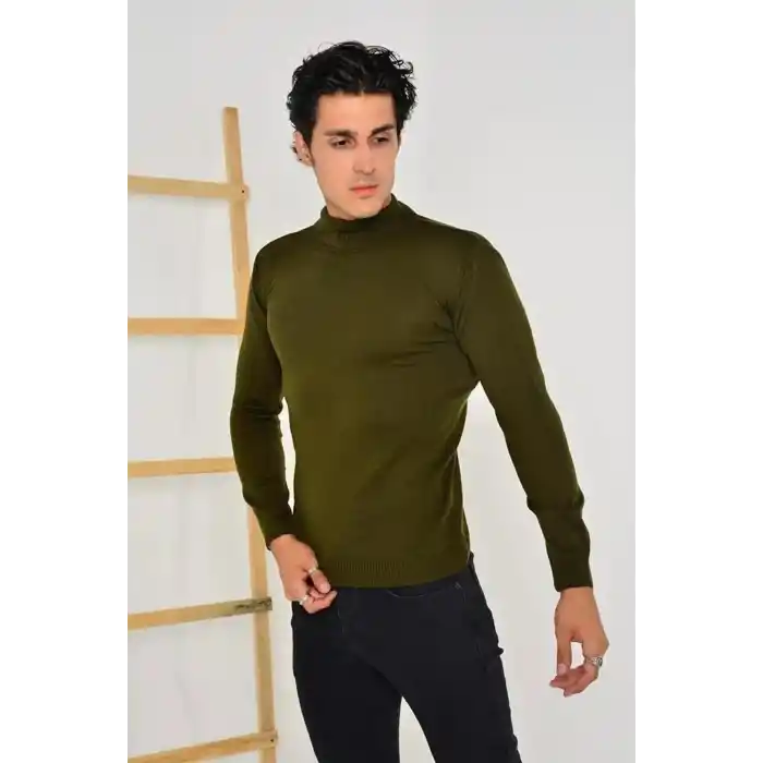 Erkek Tam Balıkçı Yaka Düz Renk Kazak - Yeşil