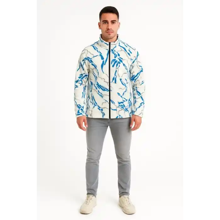 Erkek Tam Fermuarlı Desenli Polar Sweat Lightning Desen Yakalı, Uzun Kollu, Oversize Rahat Kalıp - Beyaz