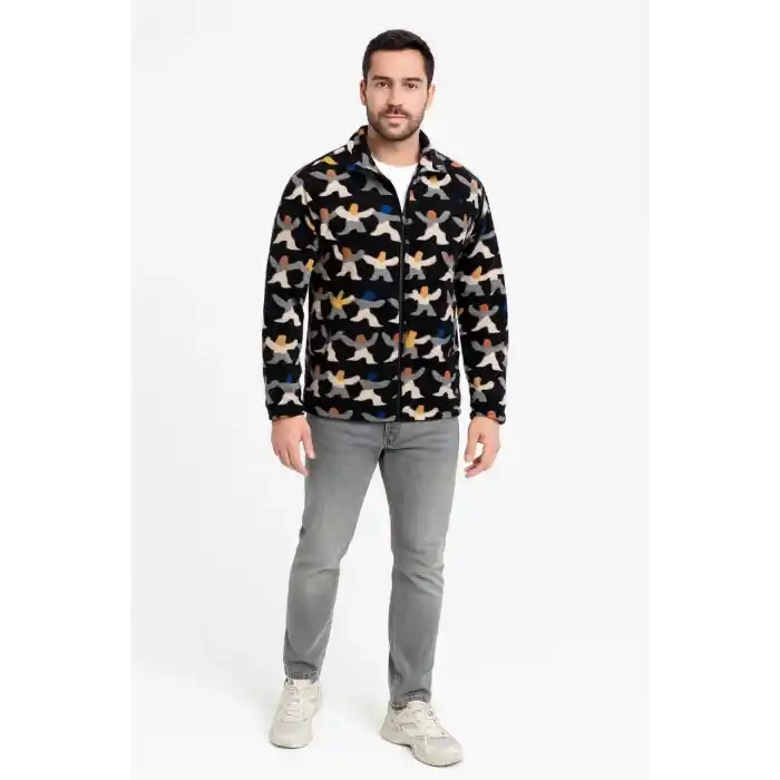 Erkek Tam Fermuarlı Desenli Polar Sweat – Siyah Multicolor Figür Desen Yakalı, Uzun Kollu, Oversize Rahat Kalıp- Siyah
