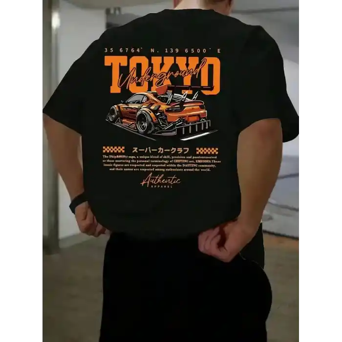 Erkek Turuncu Spor Araba Grafik Tişört - TOKYO Baskılı Günlük Oversize Kısa Kollu Tişört, Yetişkinler için Yazlık Giyim, Turuncu Araba Tasarımı- Siyah