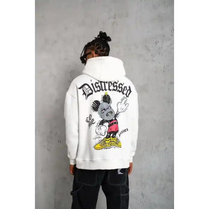 Erkek Üç İplik Baskılı Kapüşonlu Sweat - Beyaz