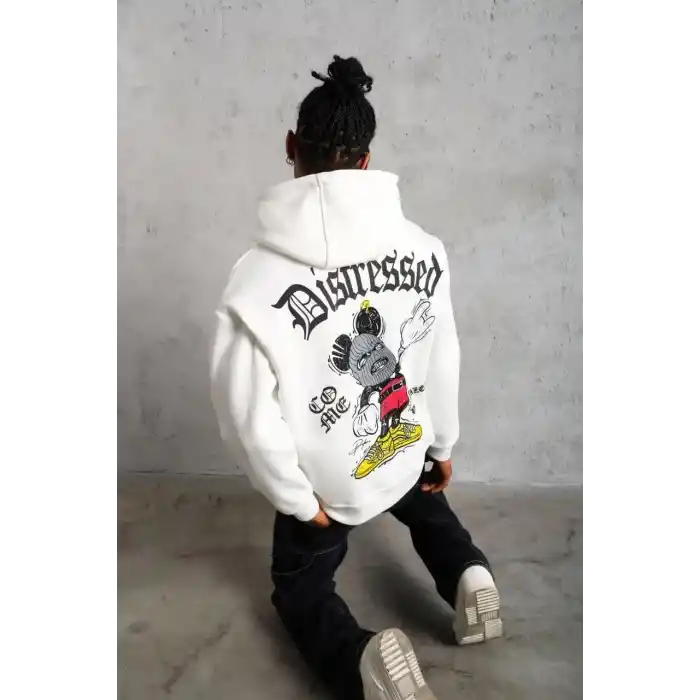 Erkek Üç İplik Baskılı Kapüşonlu Sweat - Beyaz