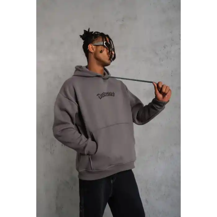Erkek Üç İplik Baskılı Kapüşonlu Sweat - Gri