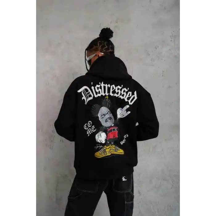 Erkek Üç İplik Baskılı Kapüşonlu Sweat - Siyah