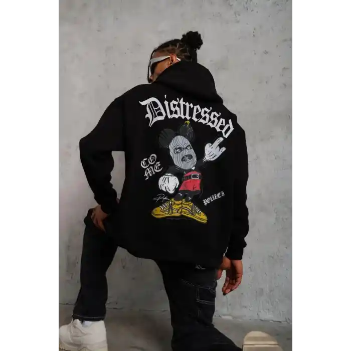 Erkek Üç İplik Baskılı Kapüşonlu Sweat - Siyah