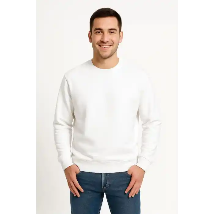 Erkek Üç İplik Düz Bisiklet Yaka SweatShirt - Beyaz