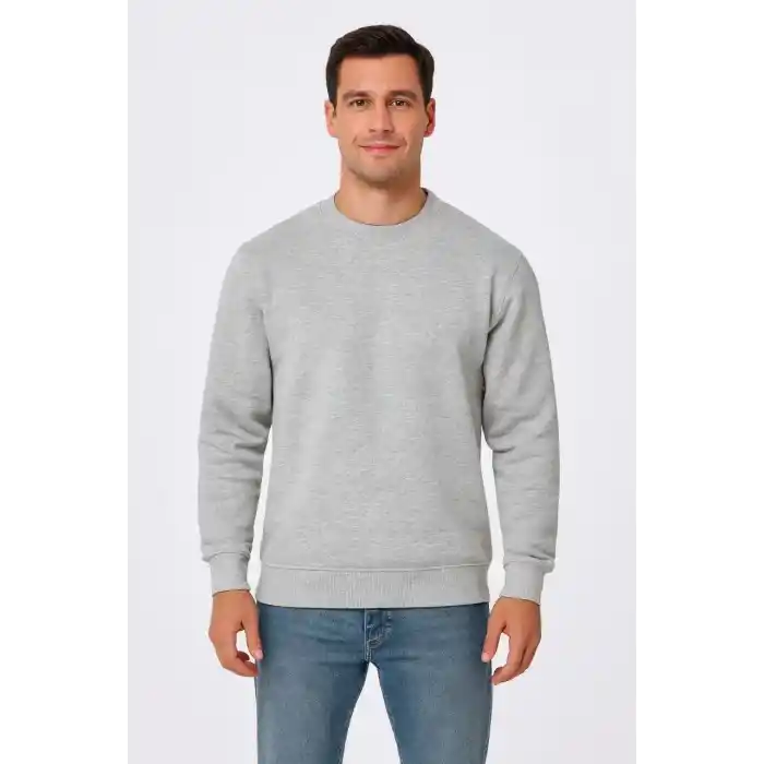 Erkek Üç İplik Düz Bisiklet Yaka SweatShirt - Gri