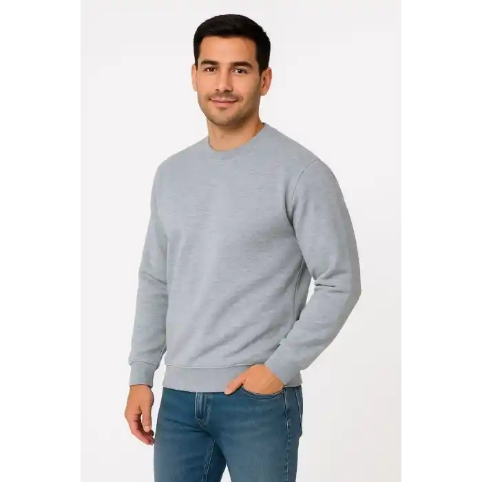Erkek Üç İplik Düz Bisiklet Yaka SweatShirt - Gri