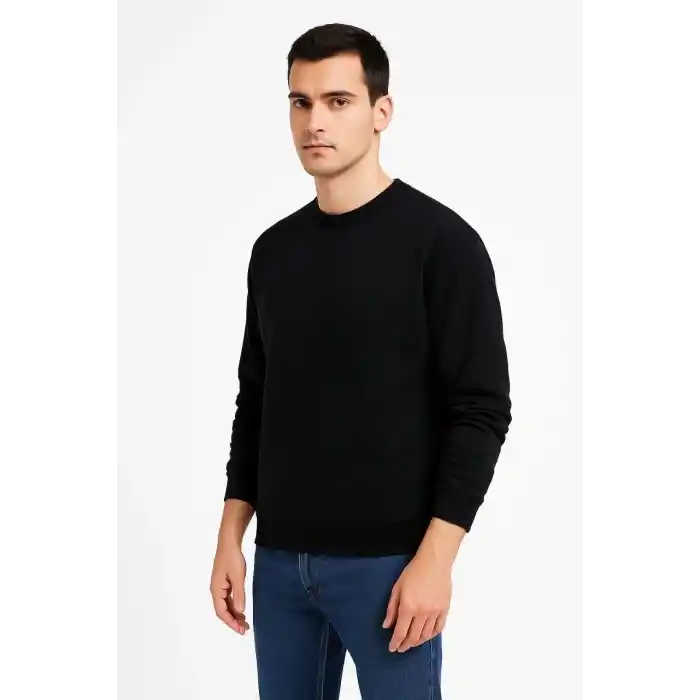 Erkek Üç İplik Düz Bisiklet Yaka SweatShirt - Siyah