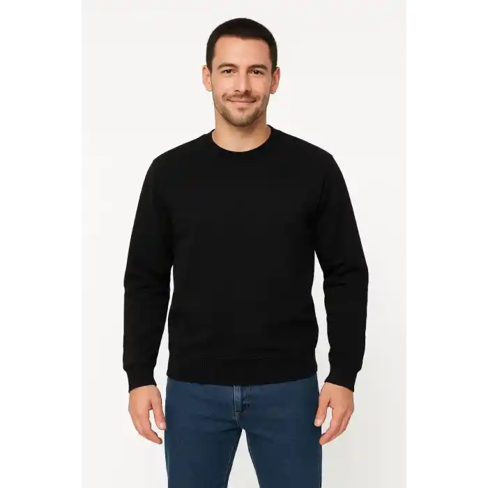 Erkek Üç İplik Düz Bisiklet Yaka SweatShirt - Siyah