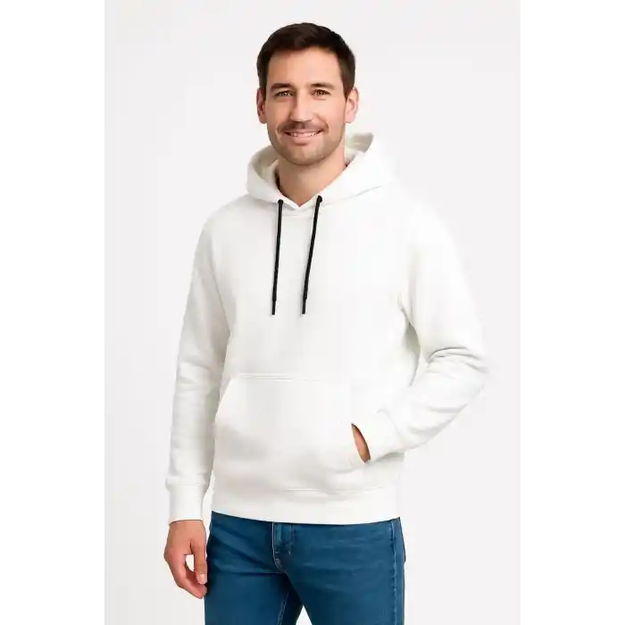 Erkek Üç İplik Kapüşonlu Kanguru Cepli SweatShirt hoodie - Beyaz
