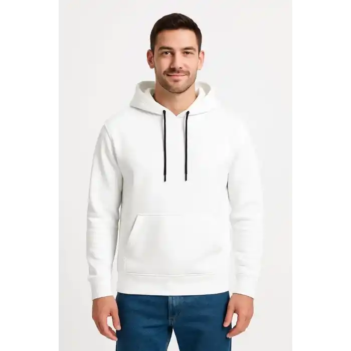 Erkek Üç İplik Kapüşonlu Kanguru Cepli SweatShirt hoodie - Beyaz