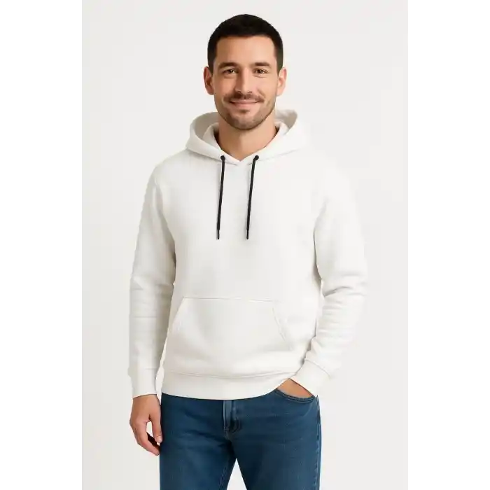 Erkek Üç İplik Kapüşonlu Kanguru Cepli SweatShirt hoodie - Beyaz