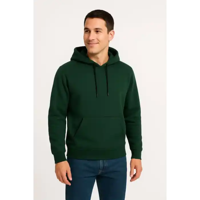Erkek Üç İplik Kapüşonlu Kanguru Cepli SweatShirt hoodie - Haki