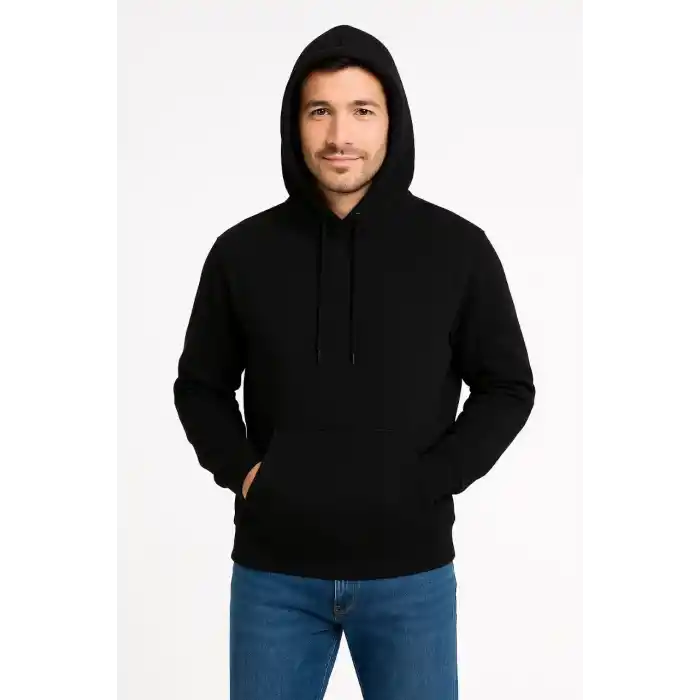 Erkek Üç İplik Kapüşonlu Kanguru Cepli SweatShirt hoodie - Siyah