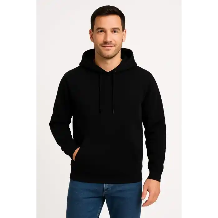 Erkek Üç İplik Kapüşonlu Kanguru Cepli SweatShirt hoodie - Siyah