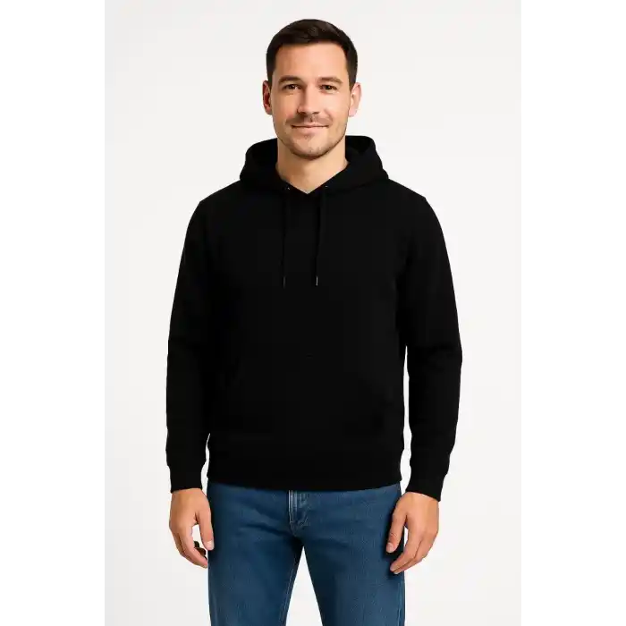 Erkek Üç İplik Kapüşonlu Kanguru Cepli SweatShirt hoodie - Siyah