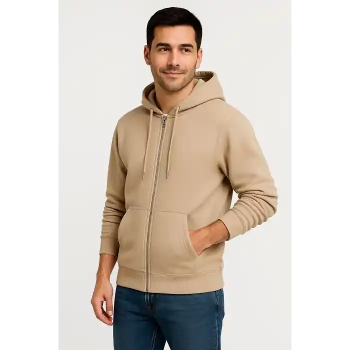 Erkek Üç İplik Kapüşonlu Tam Fermuarlı Kanguru Çepli SweatShirt Hoodie - Bej