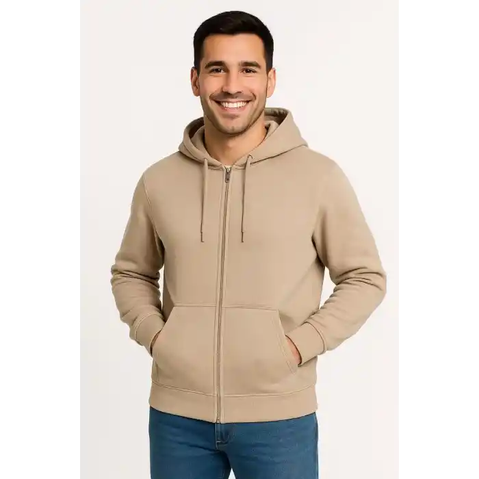 Erkek Üç İplik Kapüşonlu Tam Fermuarlı Kanguru Çepli SweatShirt Hoodie - Bej