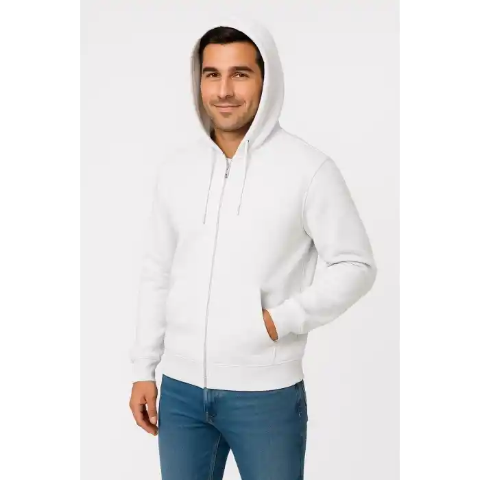 Erkek Üç İplik Kapüşonlu Tam Fermuarlı Kanguru Cepli SweatShirt Hoodie - Beyaz