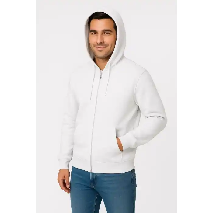 Erkek Üç İplik Kapüşonlu Tam Fermuarlı Kanguru Cepli SweatShirt Hoodie - Beyaz