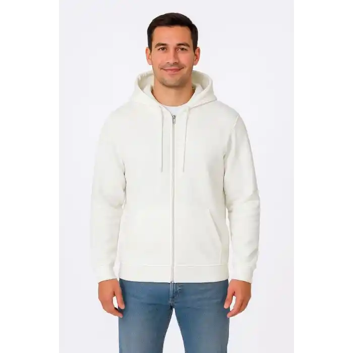 Erkek Üç İplik Kapüşonlu Tam Fermuarlı Kanguru Cepli SweatShirt Hoodie - Beyaz
