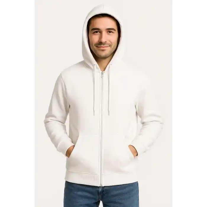 Erkek Üç İplik Kapüşonlu Tam Fermuarlı Kanguru Cepli SweatShirt Hoodie - Beyaz