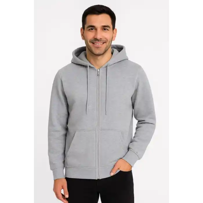 Erkek Üç İplik Kapüşonlu Tam Fermuarlı Kanguru Çepli SweatShirt Hoodie - Gri