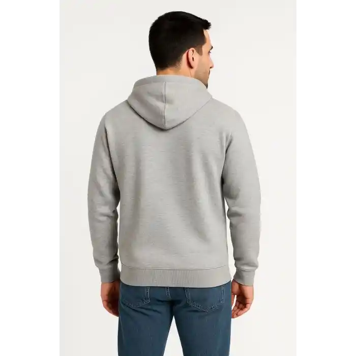 Erkek Üç İplik Kapüşonlu Tam Fermuarlı Kanguru Çepli SweatShirt Hoodie - Gri