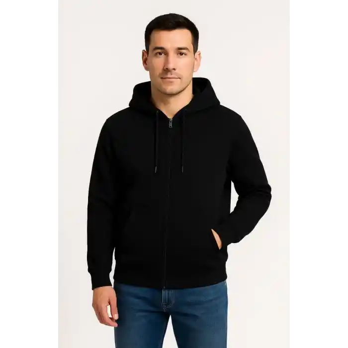 Erkek Üç İplik Kapüşonlu Tam Fermuarlı Kanguru Çepli SweatShirt Hoodie - Siyah