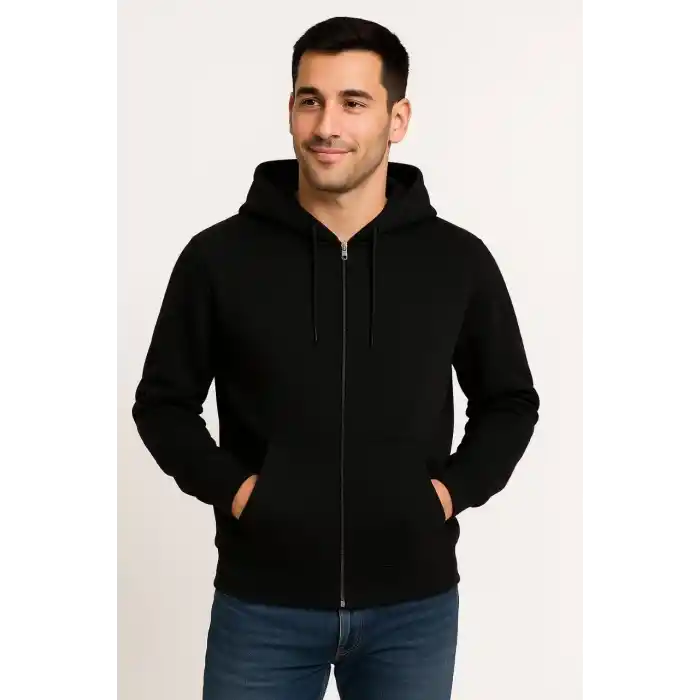 Erkek Üç İplik Kapüşonlu Tam Fermuarlı Kanguru Çepli SweatShirt Hoodie - Siyah