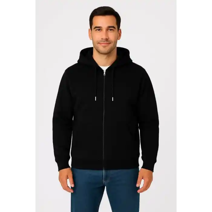 Erkek Üç İplik Kapüşonlu Tam Fermuarlı Kanguru Çepli SweatShirt Hoodie - Siyah