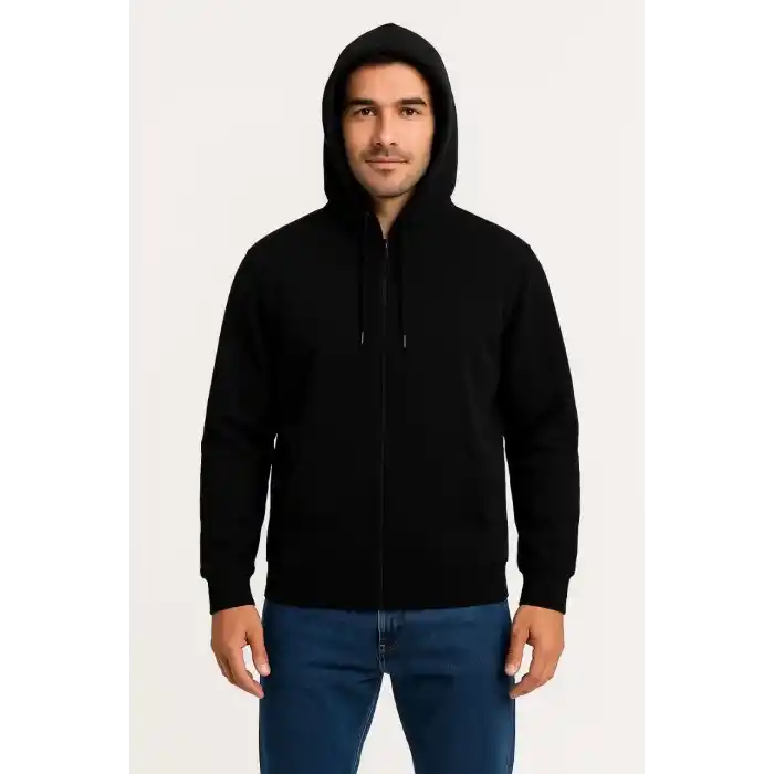 Erkek Üç İplik Kapüşonlu Tam Fermuarlı Kanguru Çepli SweatShirt Hoodie - Siyah