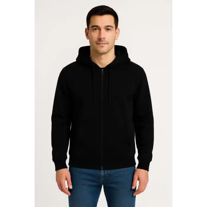 Erkek Üç İplik Kapüşonlu Tam Fermuarlı Kanguru Çepli SweatShirt Hoodie - Siyah