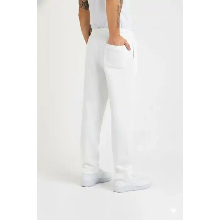 Erkek Üç iplik Kışlık Pamuklu Ovarsize Bağcıklı Düz Paça Cepli Eşofman Altı Spor Rahat Model - Beyaz