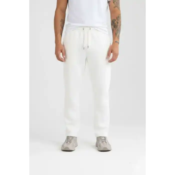 Erkek Üç iplik Kışlık Pamuklu Ovarsize Bağcıklı Düz Paça Cepli Eşofman Altı Spor Rahat Model - Beyaz