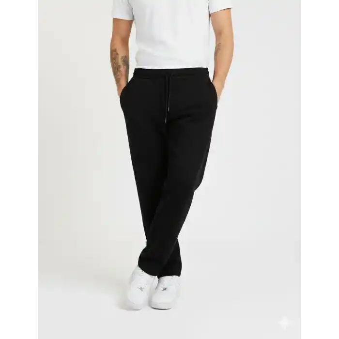 Erkek Üç iplik Kışlık Pamuklu Ovarsize Bağcıklı Düz Paça Cepli Eşofman Altı Spor Rahat Model - Siyah