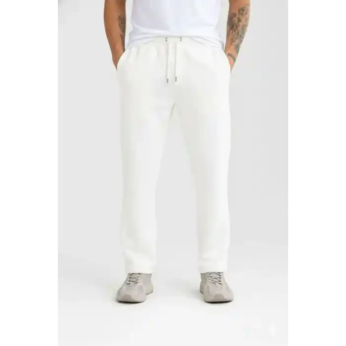 Erkek Üç iplik Kışlık Pamuklu Ovarsize Bağcıklı Düz Paça Cepli Eşofman Altı Spor Rahat Model - Beyaz