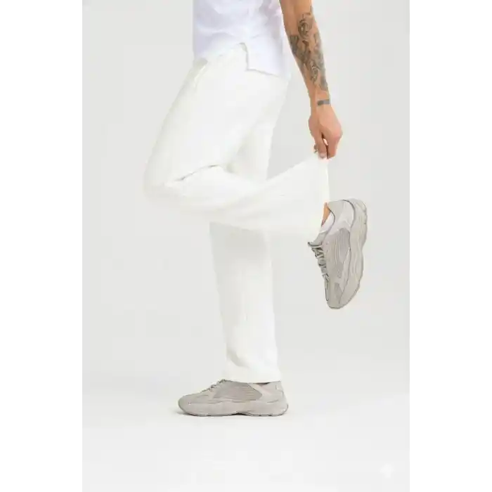 Erkek Üç iplik Kışlık Pamuklu Ovarsize Bağcıklı Düz Paça Cepli Eşofman Altı Spor Rahat Model - Beyaz