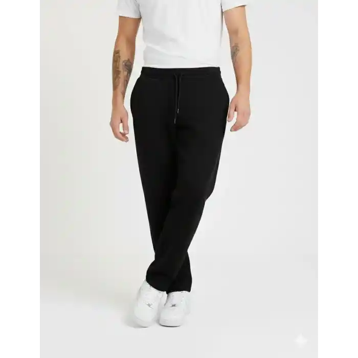 Erkek Üç iplik Kışlık Pamuklu Ovarsize Bağcıklı Düz Paça Cepli Eşofman Altı Spor Rahat Model - Siyah