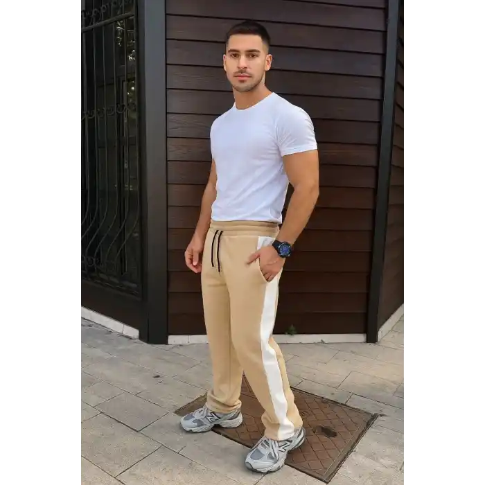 Erkek Üç İplik Kışlık Pamuklu Yandan Garneli Kalın Şeritli Cepli Eşofman Altı - Bej