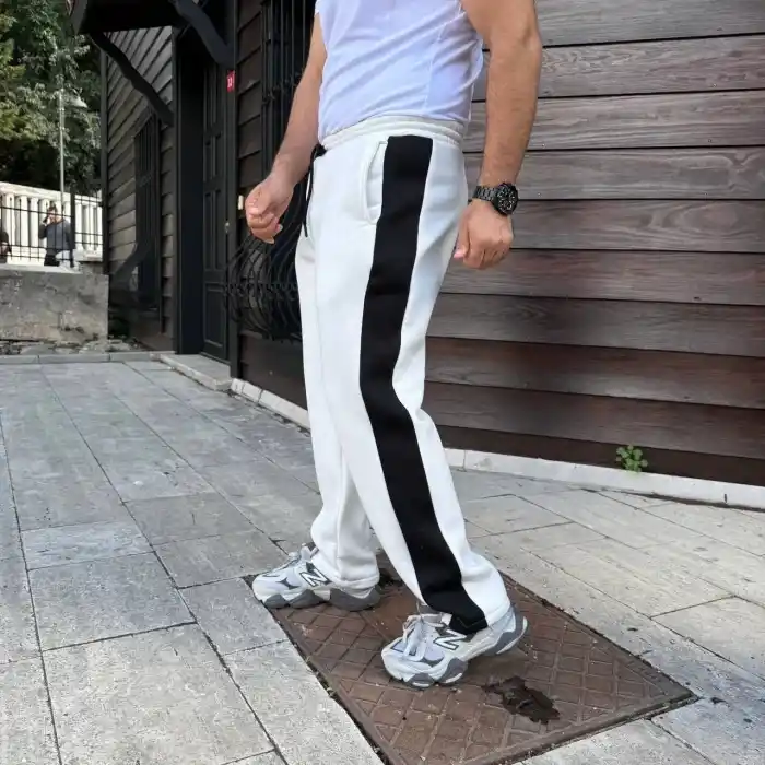 Erkek Üç İplik Kışlık Pamuklu Yandan Garneli Kalın Şeritli Cepli Eşofman Altı - Beyaz