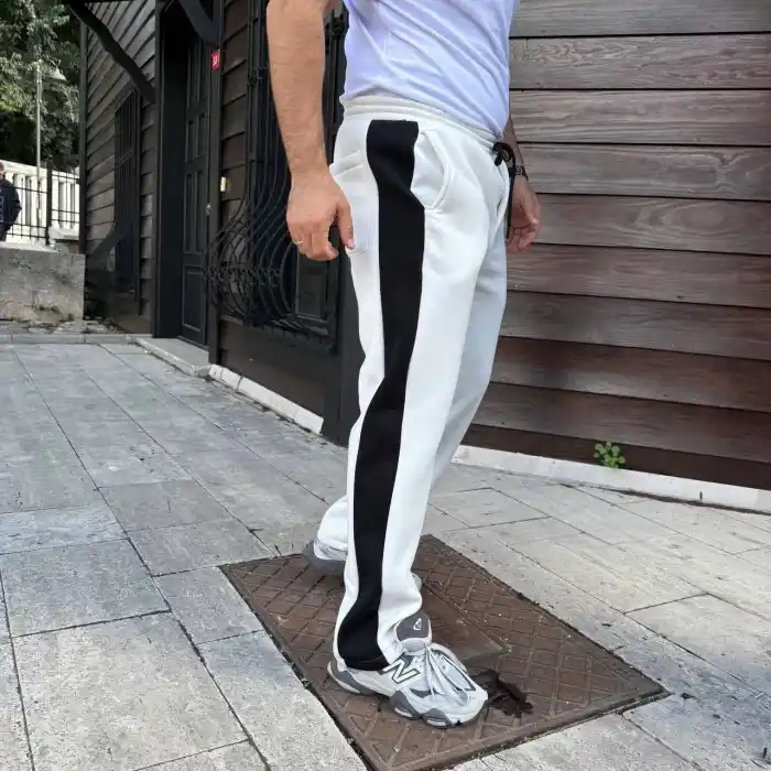 Erkek Üç İplik Kışlık Pamuklu Yandan Garneli Kalın Şeritli Cepli Eşofman Altı - Beyaz