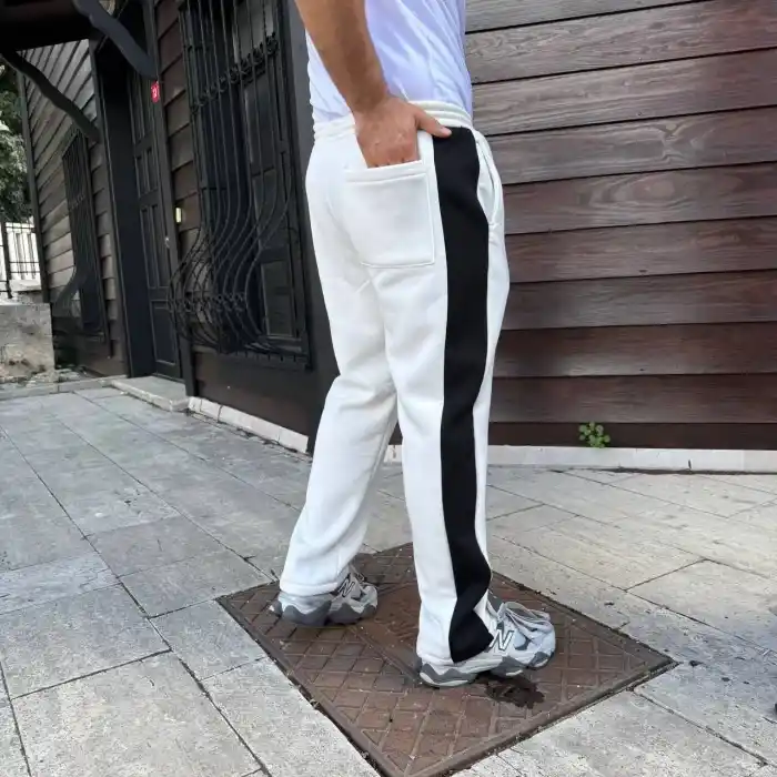 Erkek Üç İplik Kışlık Pamuklu Yandan Garneli Kalın Şeritli Cepli Eşofman Altı - Beyaz