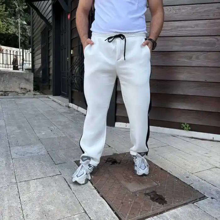 Erkek Üç İplik Kışlık Pamuklu Yandan Garneli Kalın Şeritli Cepli Eşofman Altı - Beyaz