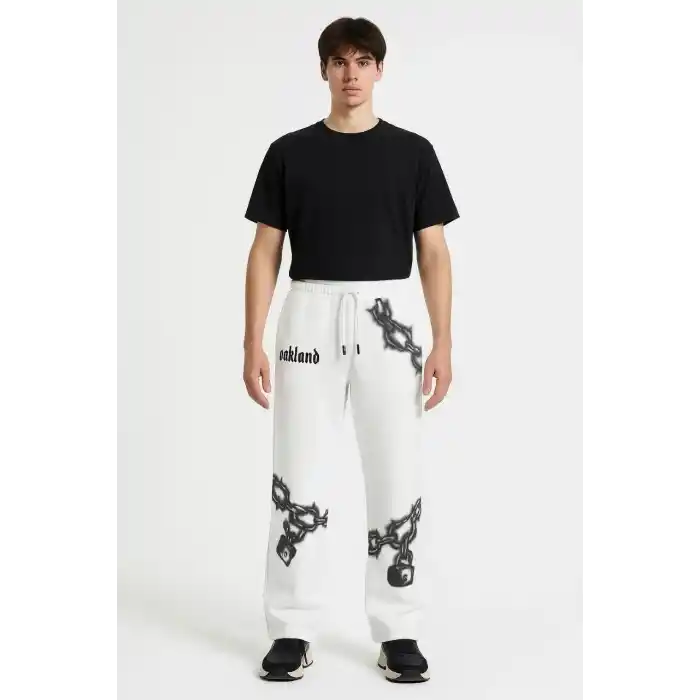 Erkek Üç İplik Pamuklu Baskılı Cepli Jogger Buggy Pantalon Oversize Kalıp - Beyaz